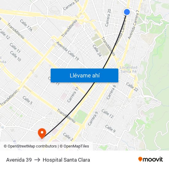 Avenida 39 to Hospital Santa Clara map