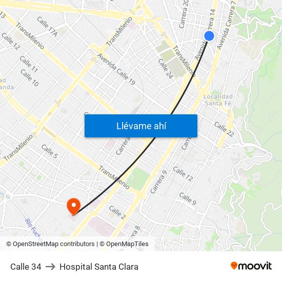 Calle 34 to Hospital Santa Clara map