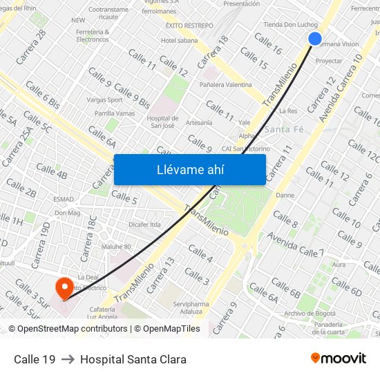 Calle 19 to Hospital Santa Clara map