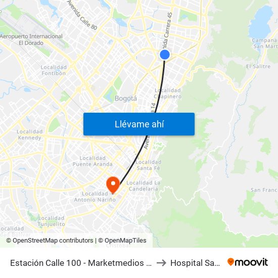Estación Calle 100 - Marketmedios (Auto Norte - Cl 98) to Hospital Santa Clara map