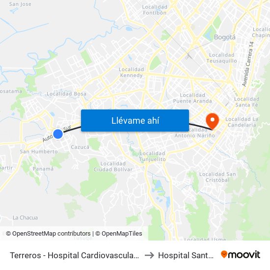 Terreros - Hospital Cardiovascular (Lado Sur) to Hospital Santa Clara map