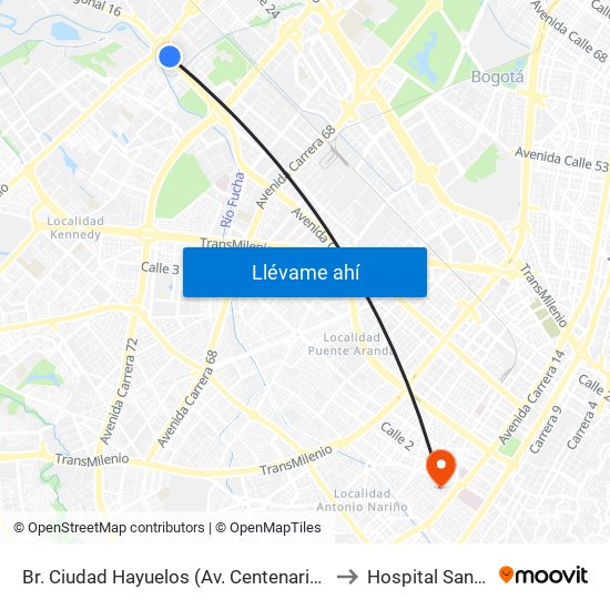 Br. Ciudad Hayuelos (Av. Centenario - Av. C. De Cali) to Hospital Santa Clara map