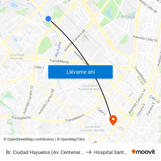 Br. Ciudad Hayuelos (Av. Centenario - Kr 78g) to Hospital Santa Clara map
