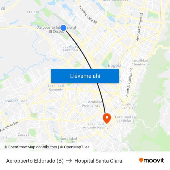 Aeropuerto Eldorado (B) to Hospital Santa Clara map