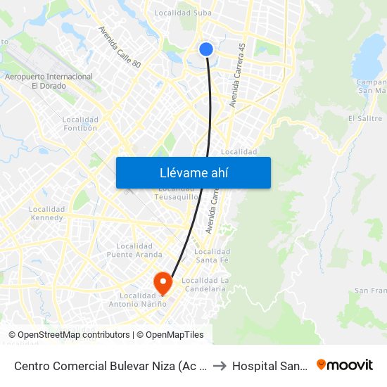 Centro Comercial Bulevar Niza (Ac 127 - Av. Suba) to Hospital Santa Clara map