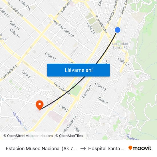 Estación Museo Nacional (Ak 7 - Cl 29) to Hospital Santa Clara map