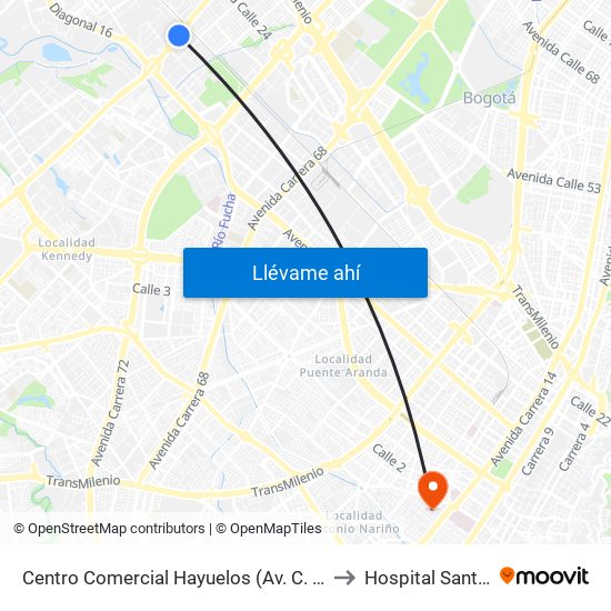 Centro Comercial Hayuelos (Av. C. De Cali - Cl 20) to Hospital Santa Clara map