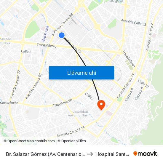 Br. Salazar Gómez (Av. Centenario - Kr 65) (A) to Hospital Santa Clara map