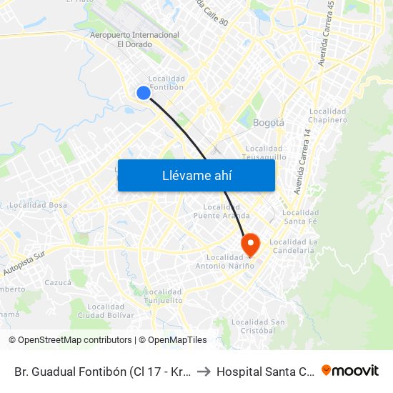 Br. Guadual Fontibón (Cl 17 - Kr 96h) to Hospital Santa Clara map