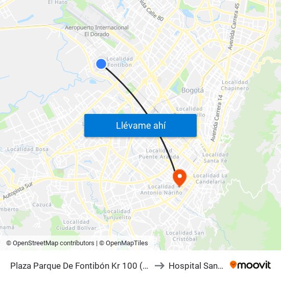 Plaza Parque De Fontibón Kr 100 (Kr 100 - Cl 17a) to Hospital Santa Clara map