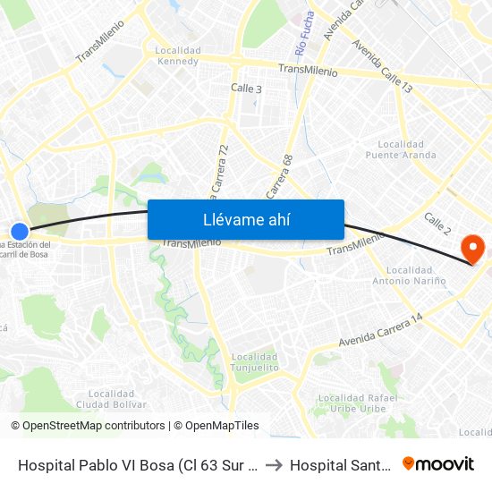 Hospital Pablo VI Bosa (Cl 63 Sur - Kr 77g) (A) to Hospital Santa Clara map