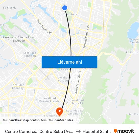 Centro Comercial Centro Suba (Av. Suba - Kr 91) to Hospital Santa Clara map