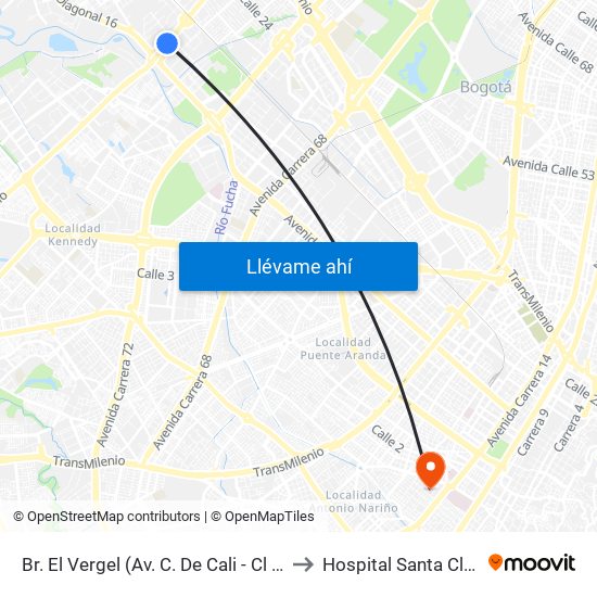 Br. El Vergel (Av. C. De Cali - Cl 18) to Hospital Santa Clara map