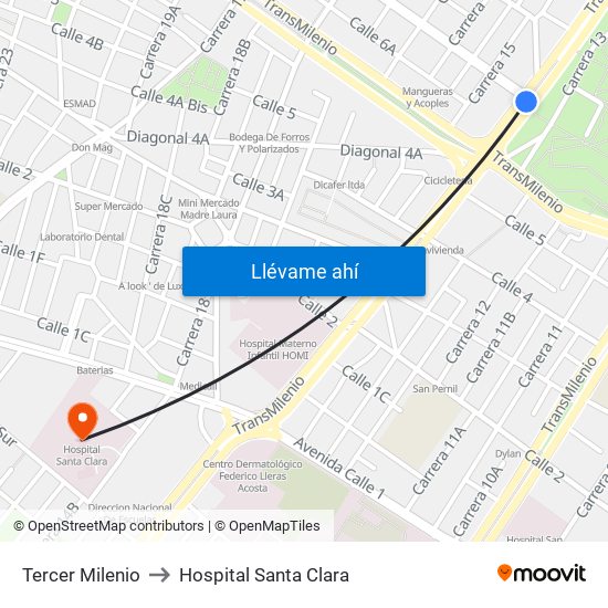 Tercer Milenio to Hospital Santa Clara map