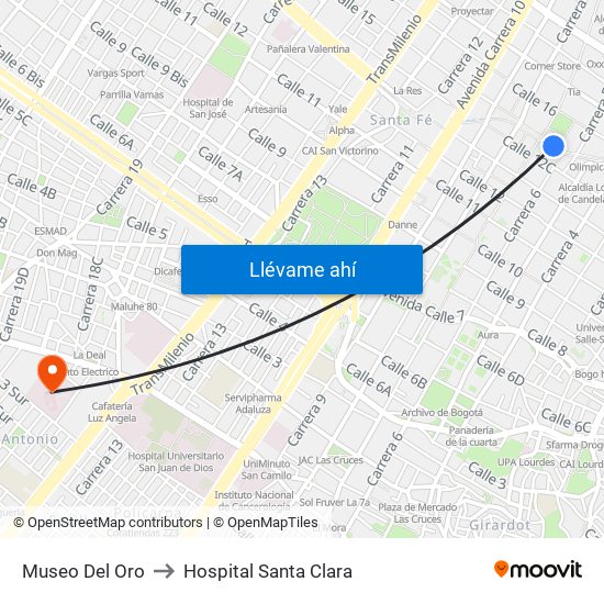 Museo Del Oro to Hospital Santa Clara map