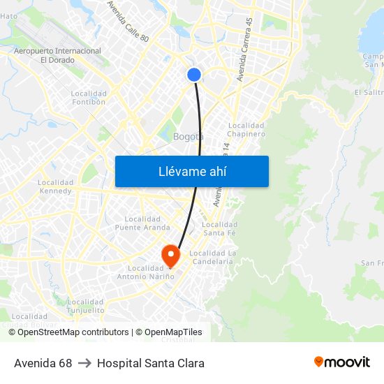 Avenida 68 to Hospital Santa Clara map