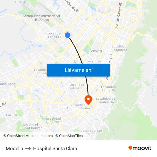 Modelia to Hospital Santa Clara map