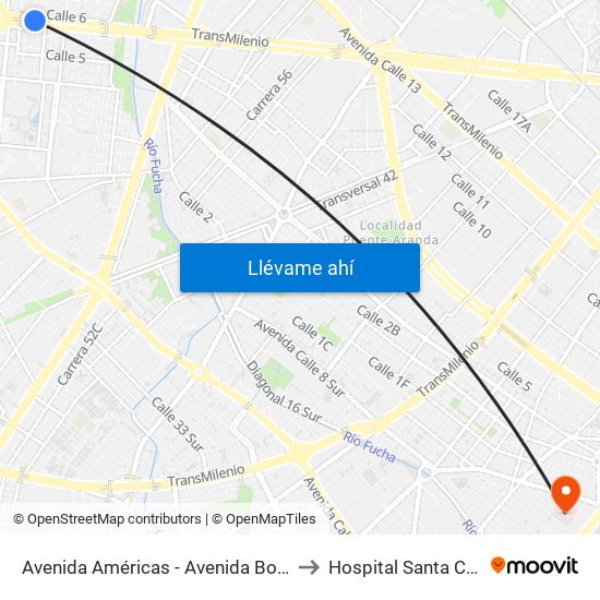 Avenida Américas - Avenida Boyacá to Hospital Santa Clara map