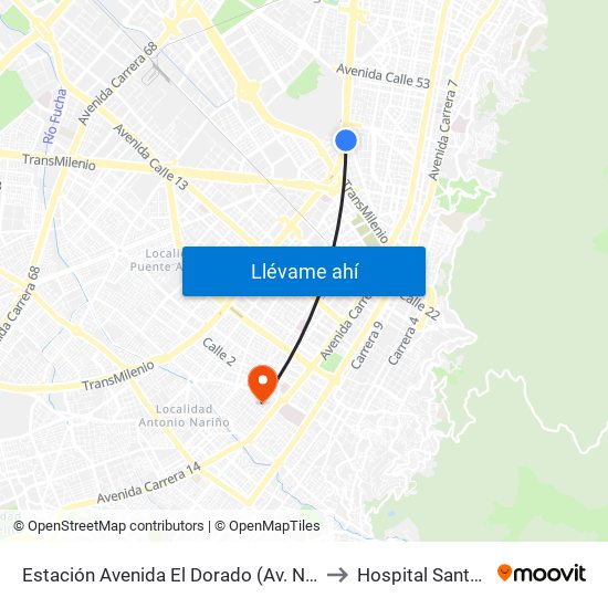 Estación Avenida El Dorado (Av. NQS - Cl 40a) to Hospital Santa Clara map