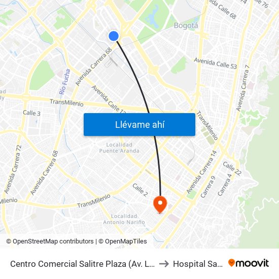 Centro Comercial Salitre Plaza (Av. La Esperanza - Kr 68a) to Hospital Santa Clara map