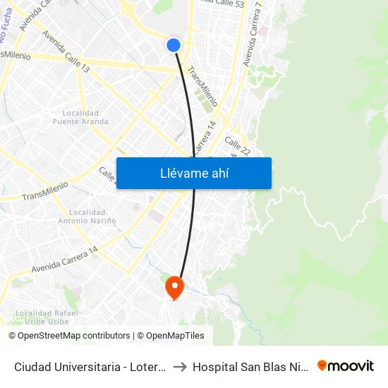 Ciudad Universitaria - Lotería De Bogotá to Hospital San Blas Nivel II E.S.E. map