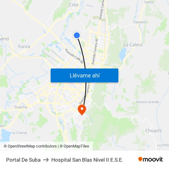 Portal De Suba to Hospital San Blas Nivel II E.S.E. map