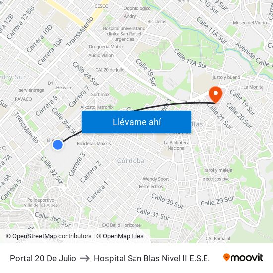 Portal 20 De Julio to Hospital San Blas Nivel II E.S.E. map