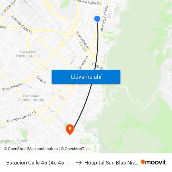 Estación Calle 45 (Ac 45 - Av. Caracas) to Hospital San Blas Nivel II E.S.E. map