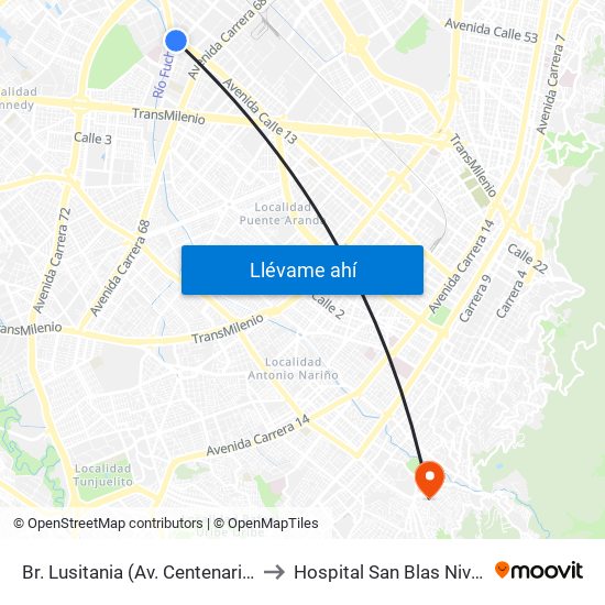 Br. Lusitania (Av. Centenario - Ak 68d) to Hospital San Blas Nivel II E.S.E. map