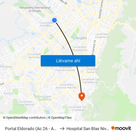 Portal Eldorado (Ac 26 - Av. C. De Cali) to Hospital San Blas Nivel II E.S.E. map