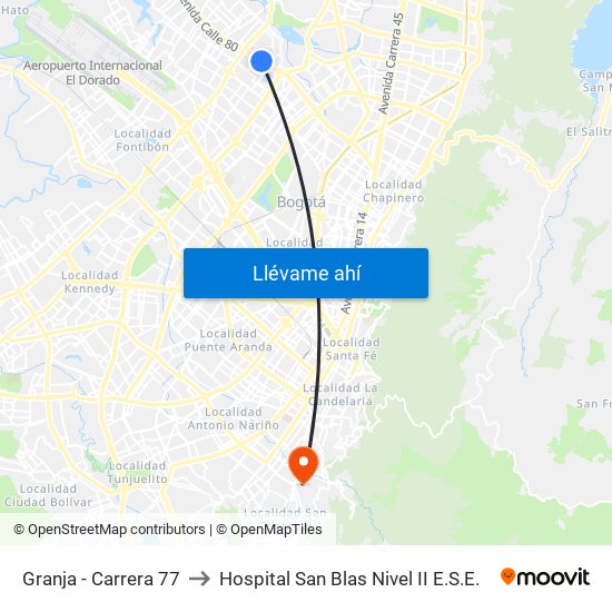Granja - Carrera 77 to Hospital San Blas Nivel II E.S.E. map