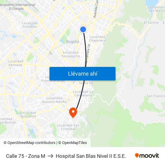 Calle 75 - Zona M to Hospital San Blas Nivel II E.S.E. map