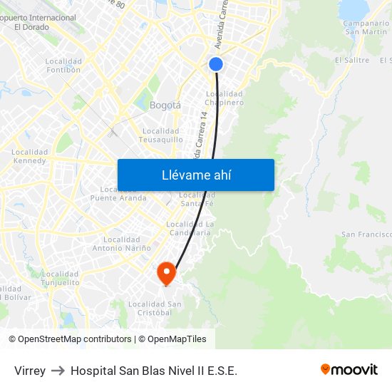 Virrey to Hospital San Blas Nivel II E.S.E. map