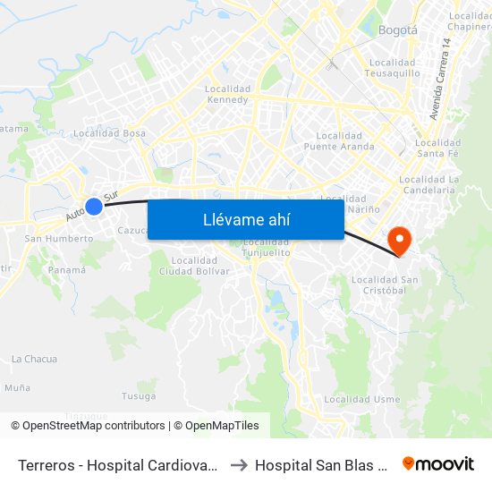 Terreros - Hospital Cardiovascular (Lado Sur) to Hospital San Blas Nivel II E.S.E. map