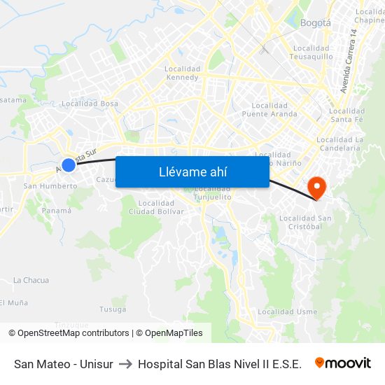 San Mateo - Unisur to Hospital San Blas Nivel II E.S.E. map