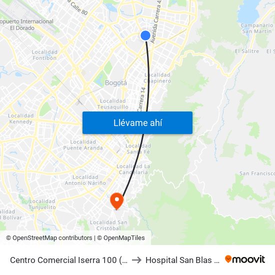 Centro Comercial Iserra 100 (Ac 100 - Kr 54) (B) to Hospital San Blas Nivel II E.S.E. map