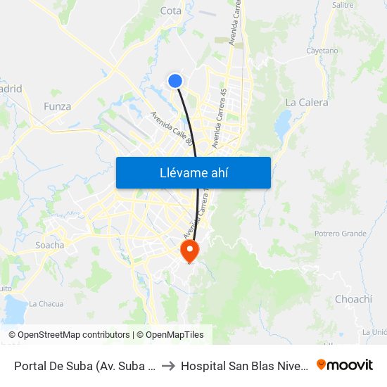 Portal De Suba (Av. Suba - Kr 106) to Hospital San Blas Nivel II E.S.E. map