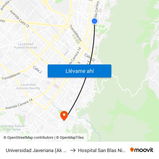 Universidad Javeriana (Ak 7 - Cl 40) (B) to Hospital San Blas Nivel II E.S.E. map