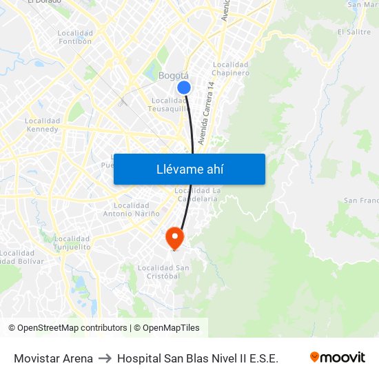 Movistar Arena to Hospital San Blas Nivel II E.S.E. map