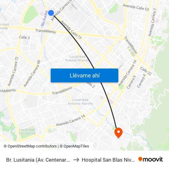 Br. Lusitania (Av. Centenario - Kr 68b) to Hospital San Blas Nivel II E.S.E. map