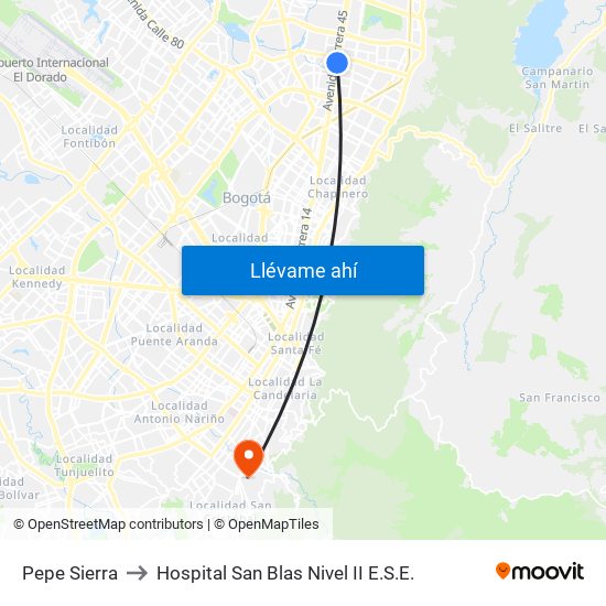 Pepe Sierra to Hospital San Blas Nivel II E.S.E. map
