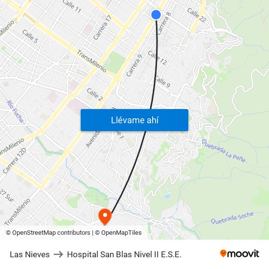 Las Nieves to Hospital San Blas Nivel II E.S.E. map