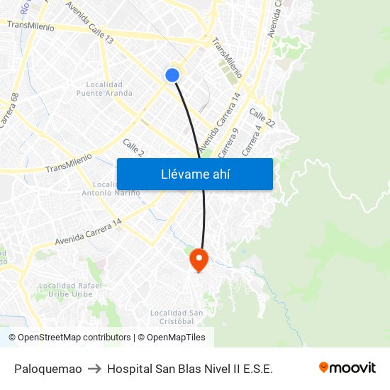 Paloquemao to Hospital San Blas Nivel II E.S.E. map