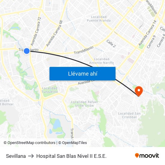 Sevillana to Hospital San Blas Nivel II E.S.E. map