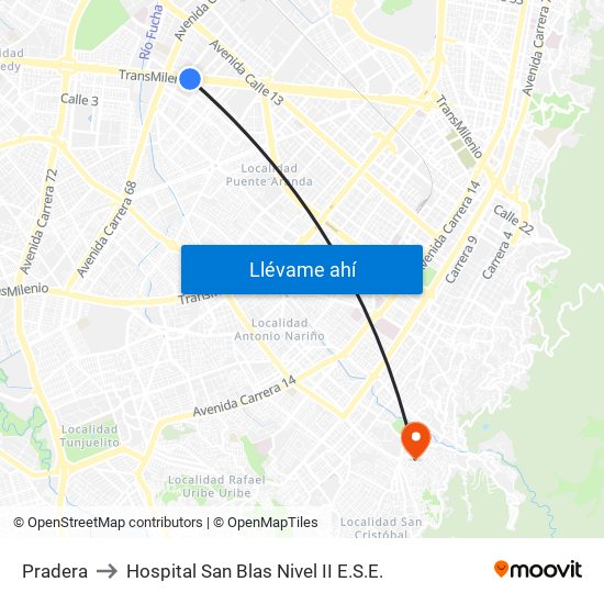 Pradera to Hospital San Blas Nivel II E.S.E. map
