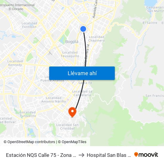 Estación NQS Calle 75 - Zona M (Av. NQS - Cl 75) to Hospital San Blas Nivel II E.S.E. map