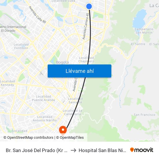 Br. San José Del Prado (Kr 45a - Cl 137) to Hospital San Blas Nivel II E.S.E. map