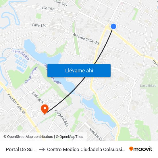 Portal De Suba to Centro Médico Ciudadela Colsubsidio map