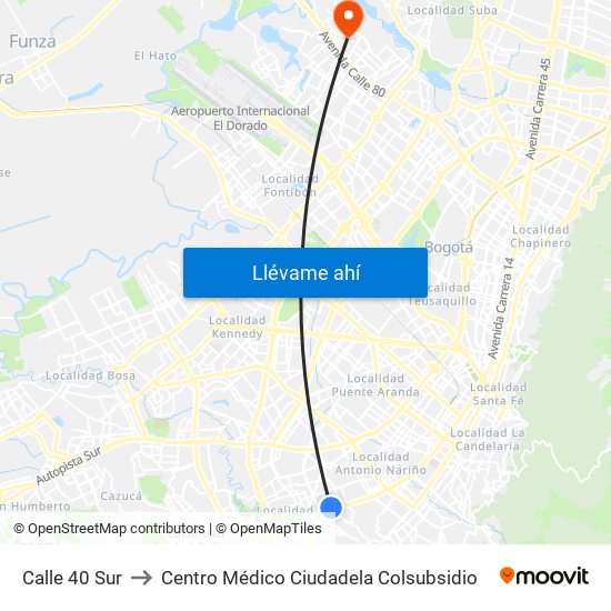 Calle 40 Sur to Centro Médico Ciudadela Colsubsidio map