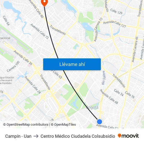 Campín - Uan to Centro Médico Ciudadela Colsubsidio map